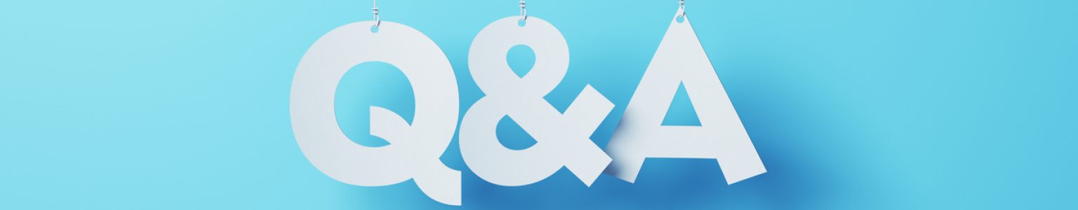 3d render Q&A cut on white note paper hanging on string, White note paper blue background (close-up)